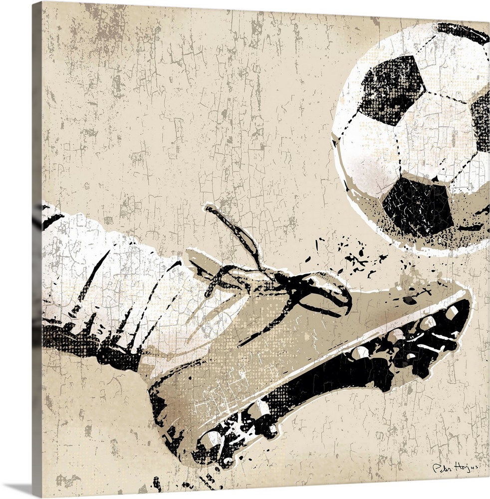 Vintage style wall art of an old distressed soccer cleat and foot striking soccer ball on tan and sepia background.