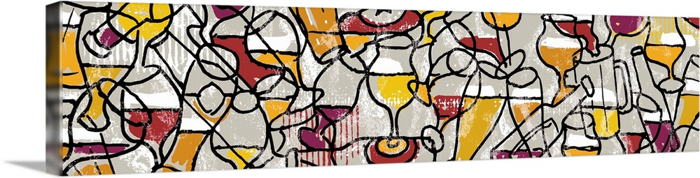 A pen and ink illustration of overlapping wine bottles, wine glasses and beer bottles.