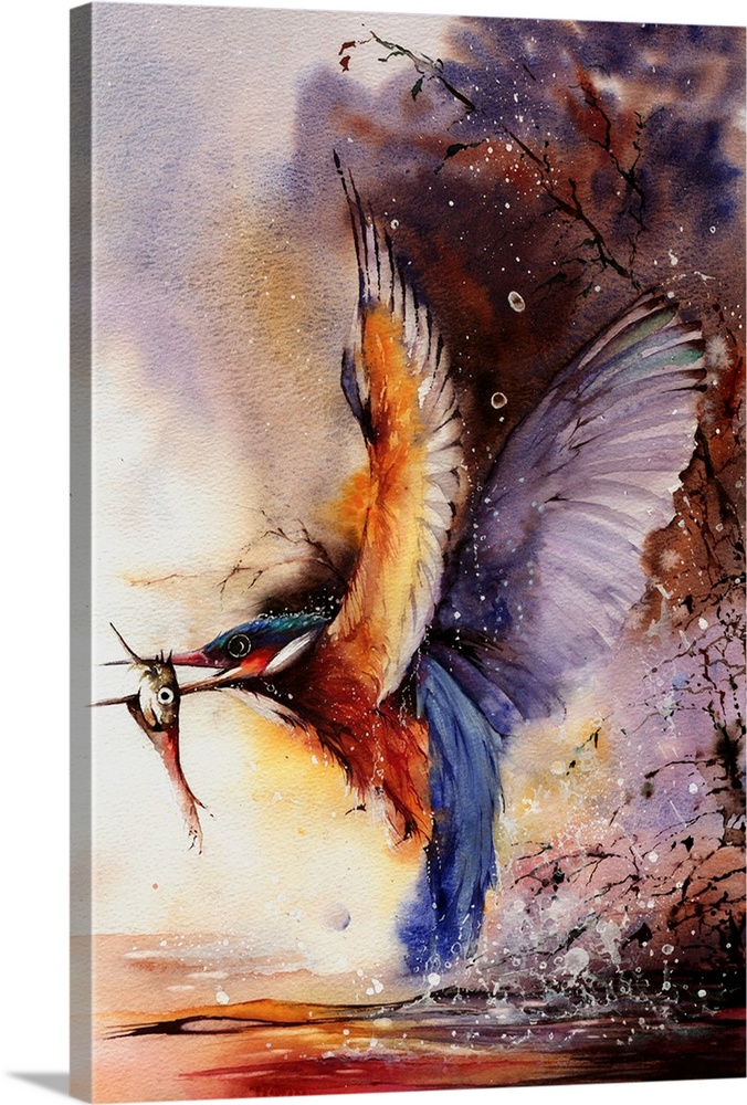 Watercolor painting of a Kingfisher catching a fish from the river.