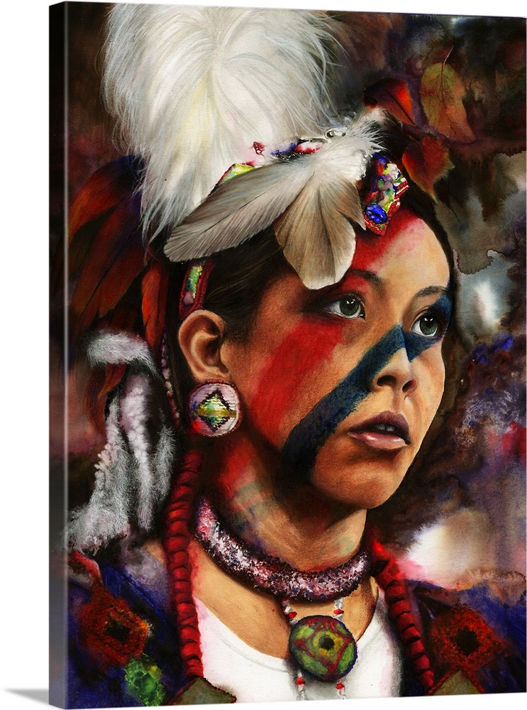 A pow-wow portrait of a young, native American girl dancer.