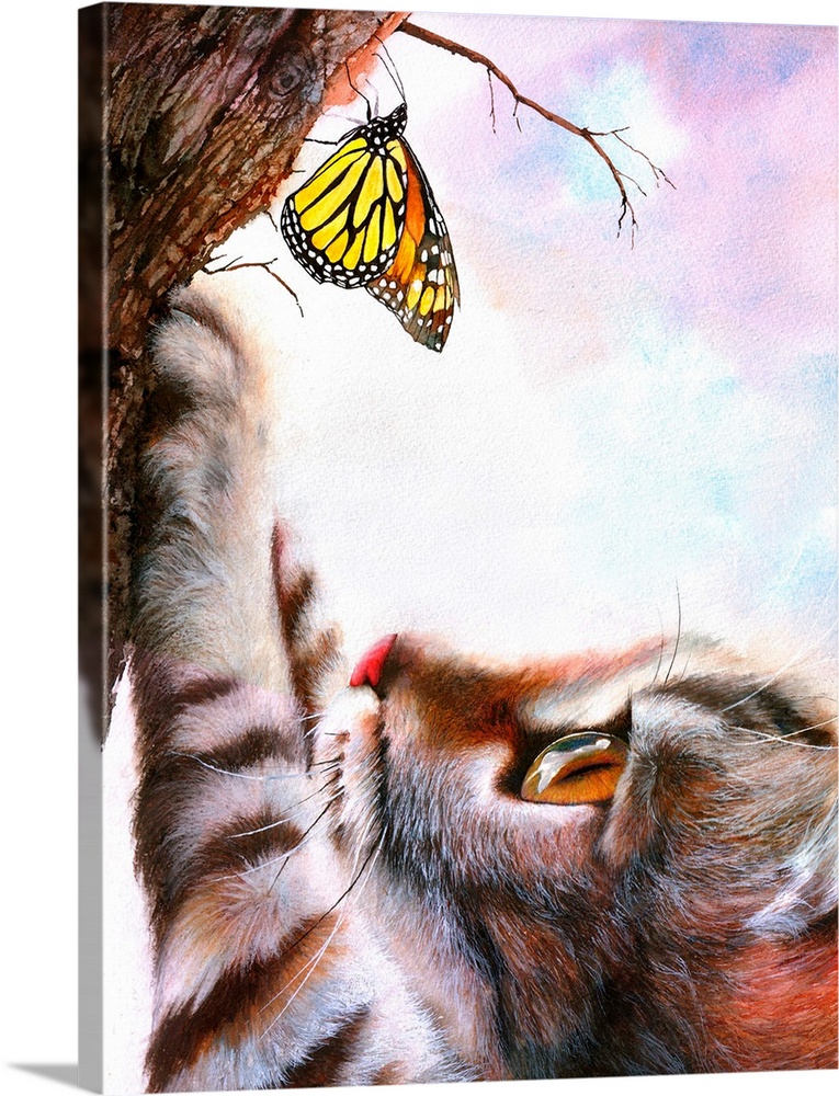 Mixed media painting of a cat reaching out for a butterfly on a tree.