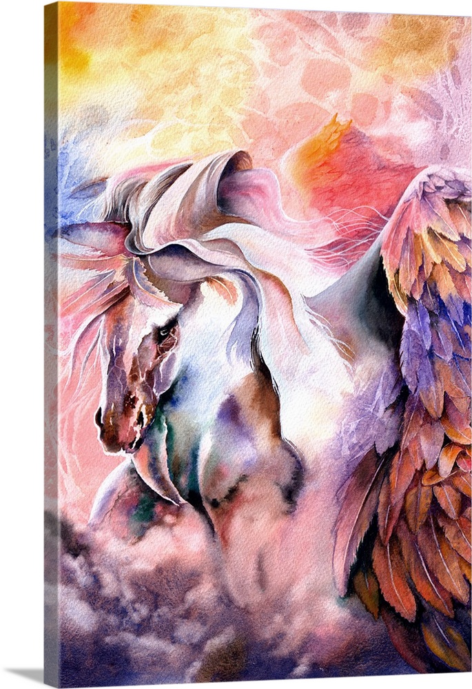 An impressionistic watercolour painting of a mighty winged horse.