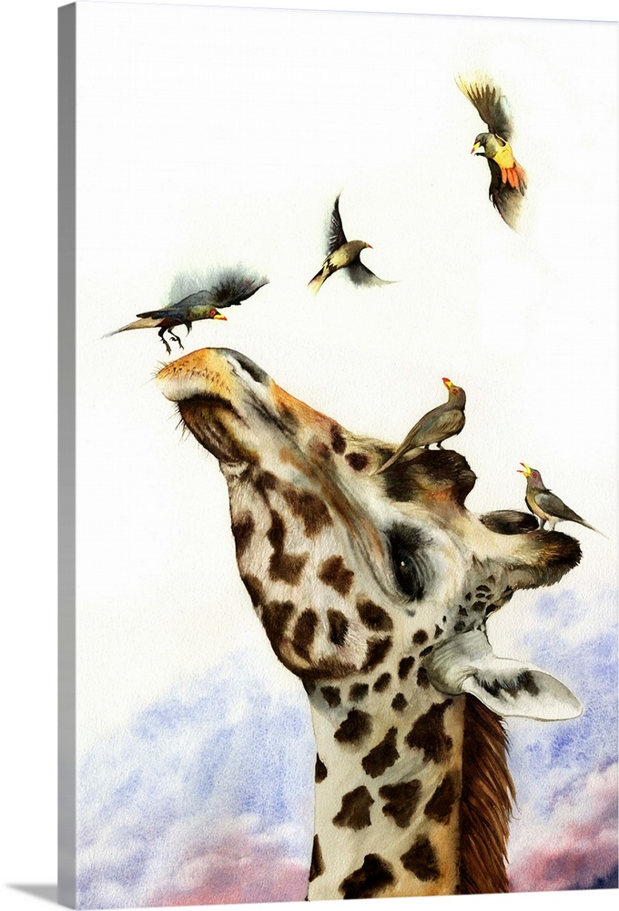 A watercolour painting of a giraffe being pestered by ox-peckers