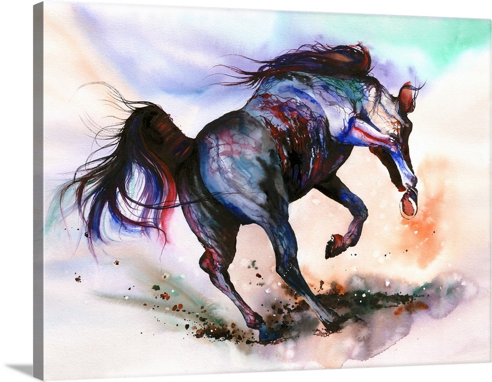 An impressionistic watercolor interpretation of a spirited stallion bursting into a gallop.