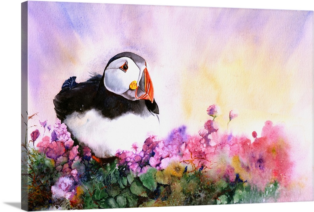 Originally painted in watercolour, a little puffin settles among flowers and foliage.