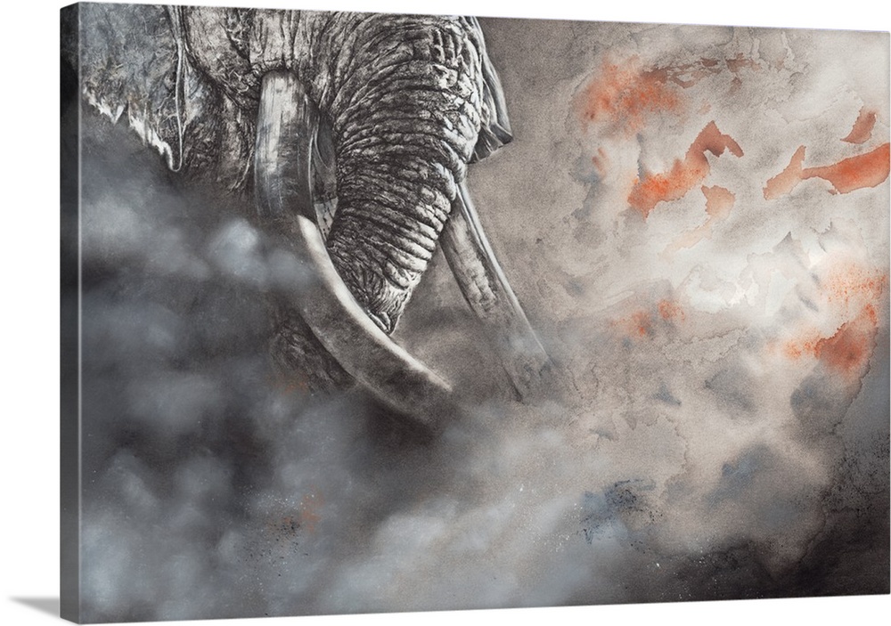 An impressionistic mixed media drawing of a bull African elephant, achieved with charcoal, pastel and iridescent paint