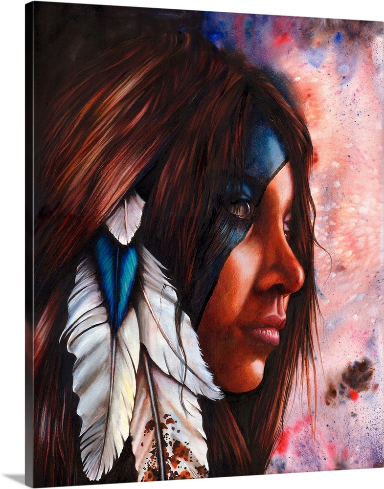 A portrait of a North American Indian woman, originally created with watercolor and colored pencils.