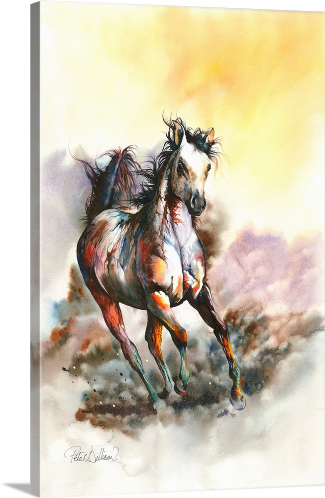 An impressionistic painting of a galloping stallion.