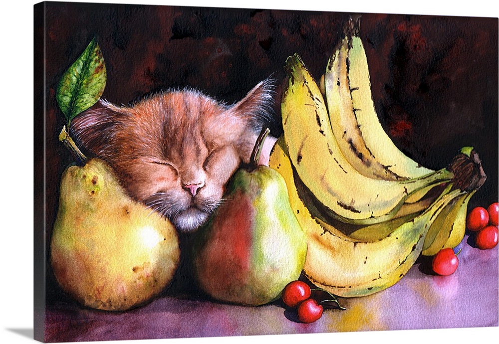 Contemporary painting of a kitten sleeping on pears next to a bunch of bananas.