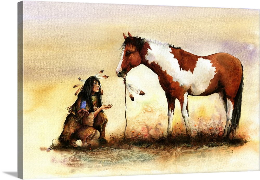 A Native American Indian girl offers a treat to an Indian pony. Originally painted with watercolour on paper.