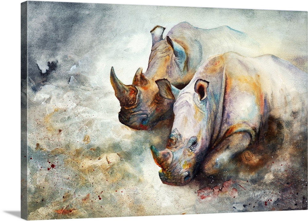 An impressionistic painting of charging African rhino, created with watercolour and iridescent paints.