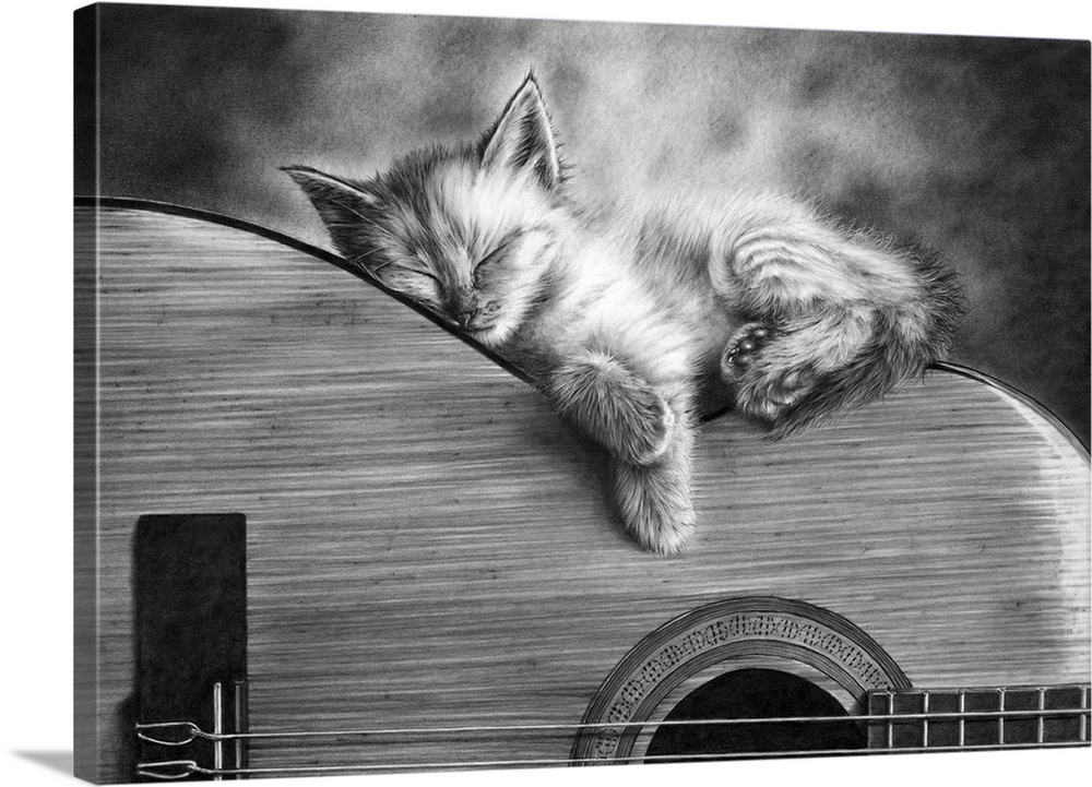 A small kitten finds an unusual place for a nap. Originally pencil on Bristol board.
