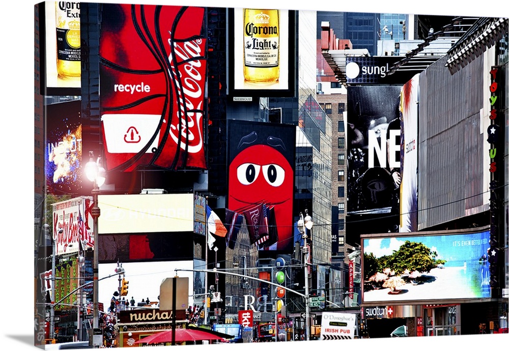 A multitude of branded billboards on the sides of buildings in Times Square.