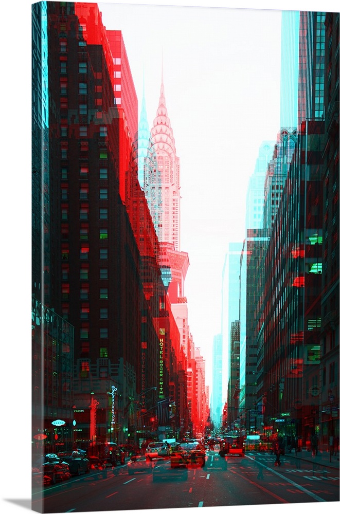 Photograph of New York city architecture with multiple exposures resembling anaglyph 3D images.
