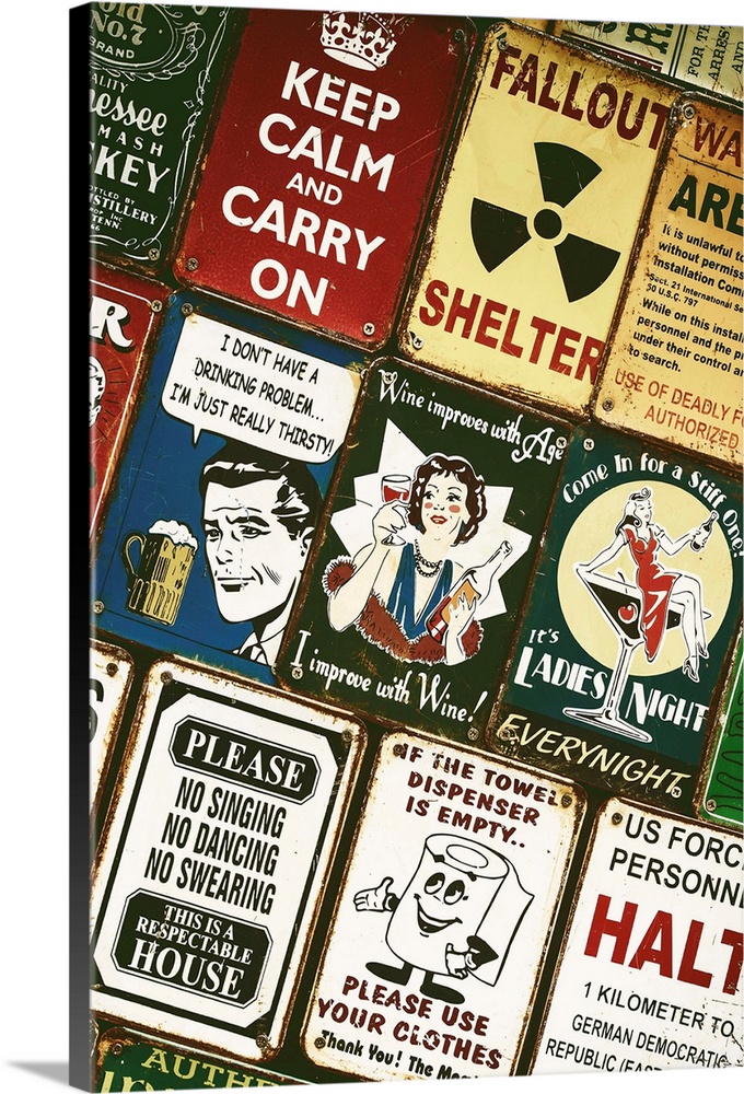 Souvenir metal signs for sale in London, featuring sarcastic phrases and iconic images.