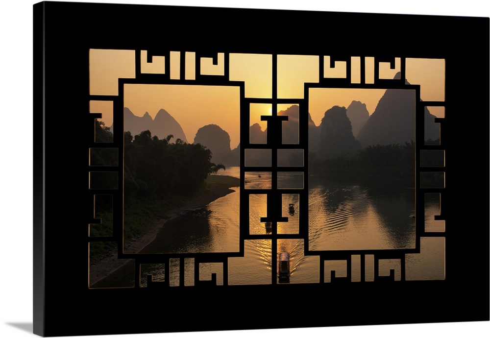 Asian Window, Great View of Yangshuo with Karst Mountains at Sunrise, China 10MKm2 Collection.