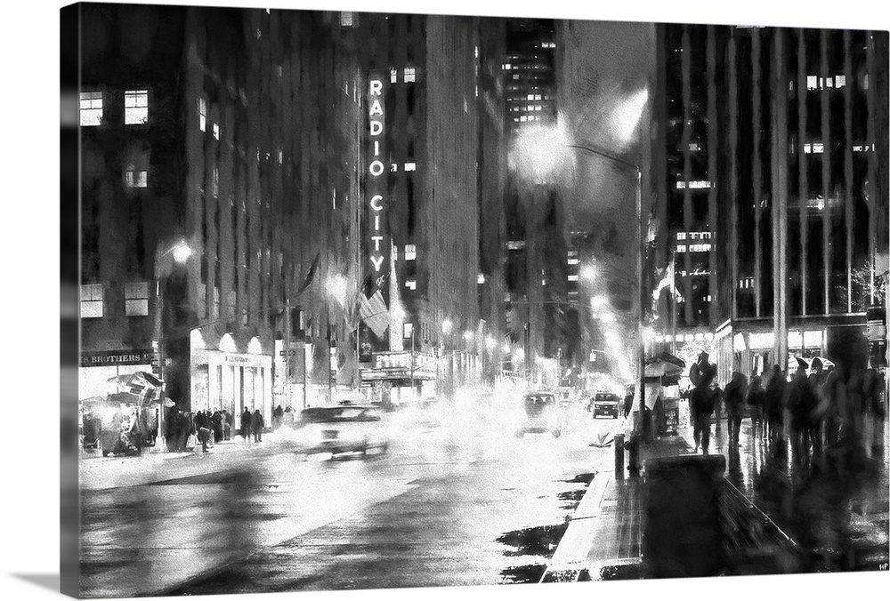 Black and white photograph with a painterly effect of NYC at night.