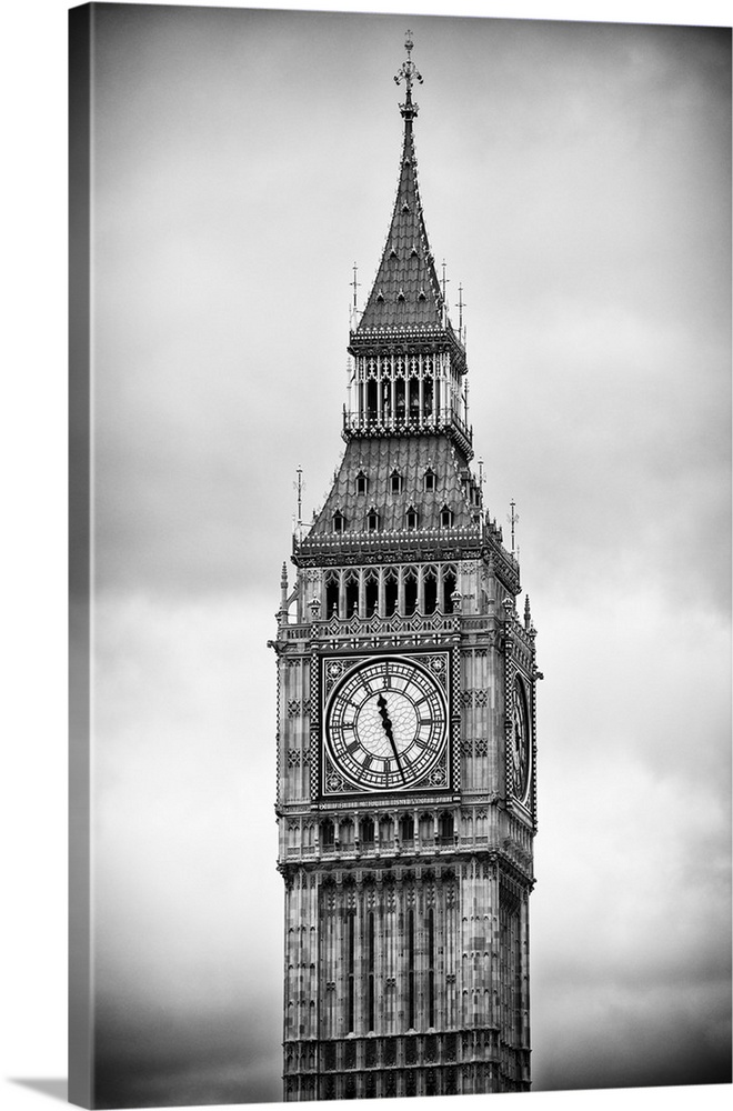 Black and white photograph of the clock tower on an overcast day.