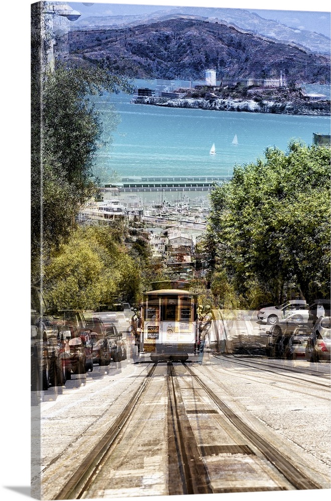 Tram going up a hill in San Francisco with a view of the bay with a layered effect creating a feeling of movement.