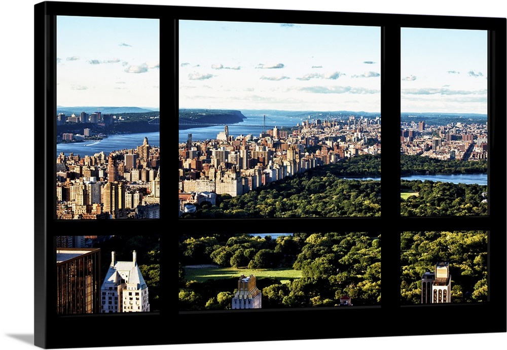 View of Central Park with skyscrapers, with a faux window pane effect.