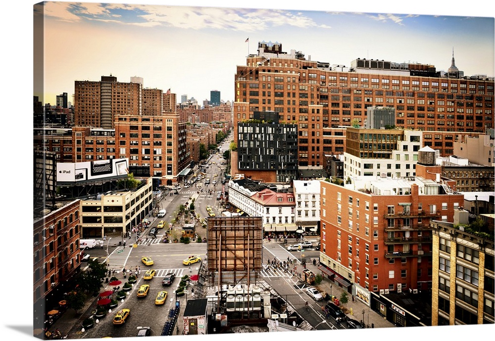 View from above of the busy streets and historic buildings in the Chelsea District.