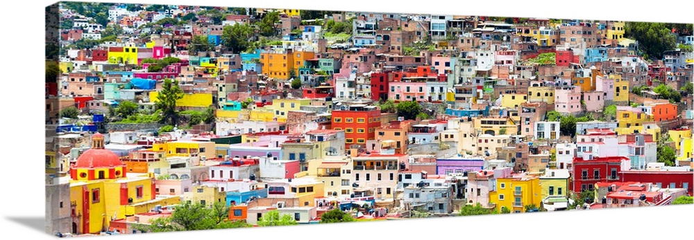 Colorful panoramic aerial photograph of a cityscape in Guanajuato, Mexico. From the Viva Mexico Panoramic Collection.