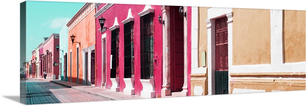 Panoramic photograph of a colorful street scene in Campeche, Mexico. From the Viva Mexico Panoramic Collection.