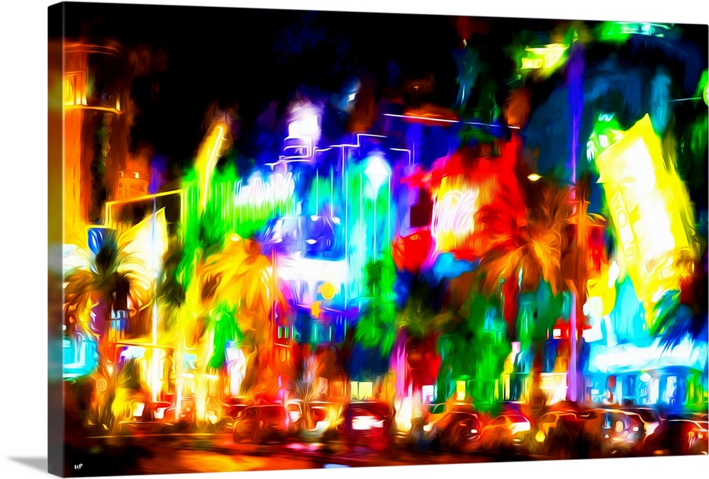 Photograph with a painterly effect of Las Vegas lit up at night.