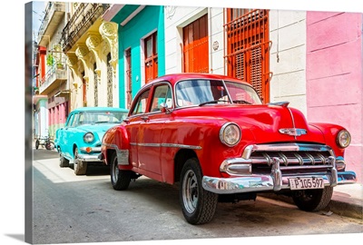 Cuba Fuerte Collection - Two Chevrolet Cars Red and Turquoise