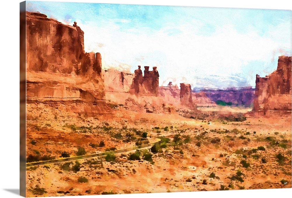 A photograph of a desert landscape with a painterly effect.