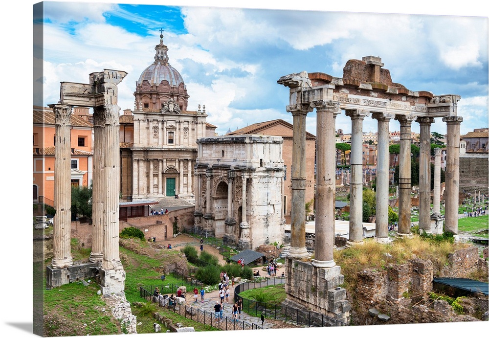 It's the ancient columns in roman forum in rome and road going our of the city, Italy.