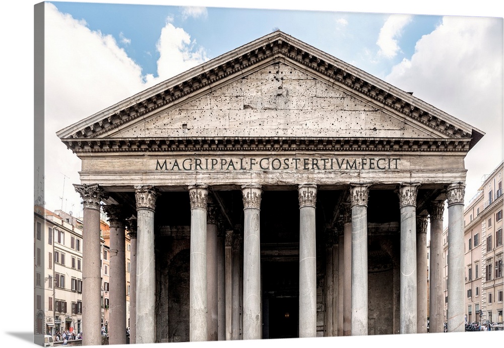 It's the beautiful facade of Pantheon located in the city center of Rome, Italy.