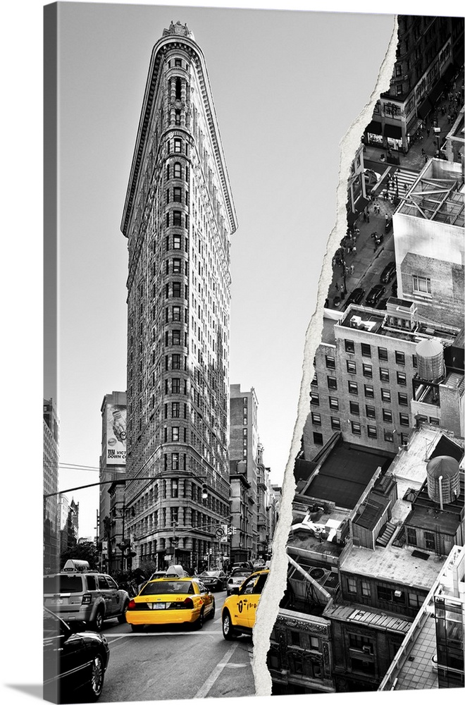 Two torn photographs of New York city landmark sites put together to make one image.