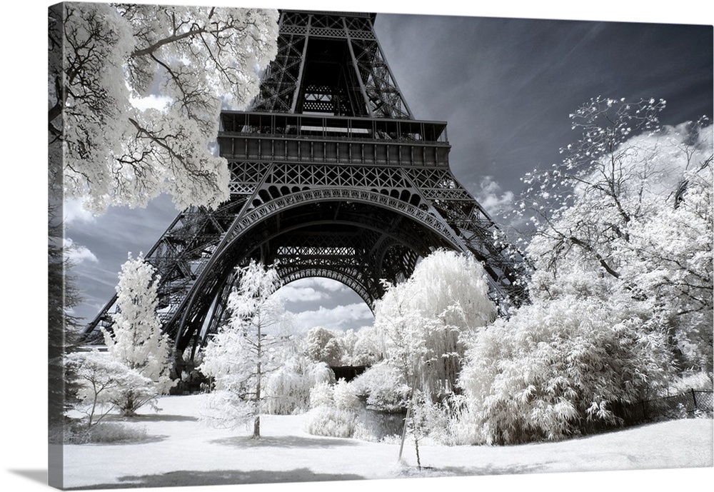 A view of the Eiffel Tower in Paris, made in infrared mode in summer. The vegetation is white and rendering of the sky is ...