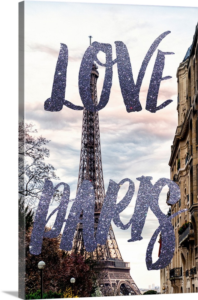 A photograph of the Eiffel Tower with the phrase "Love Paris" written in silver glitter. From the Paris Fashion Series.