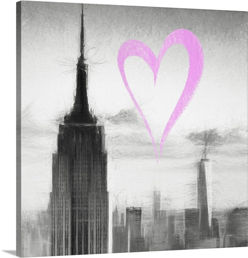 Fusing of oil painting textures and techniques with a digital black and white photograph of the Empire State Building with...