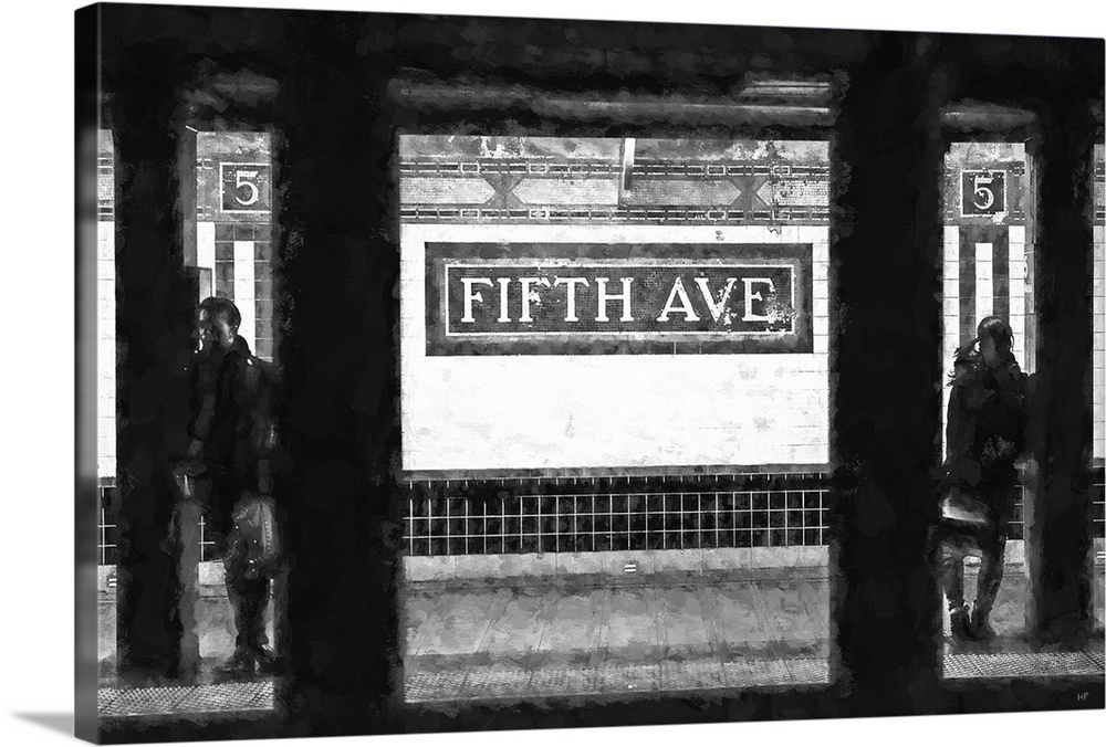 Black and white photograph with a painterly effect of Fifth Avenue station, NYC.