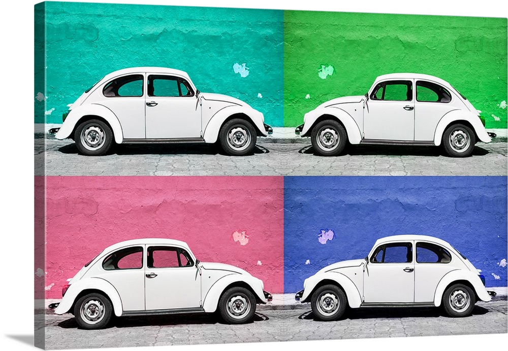 Quadriptych photograph of a classic Volkswagen Beetle in front of colorful, bright walls. From the Viva Mexico Collection.