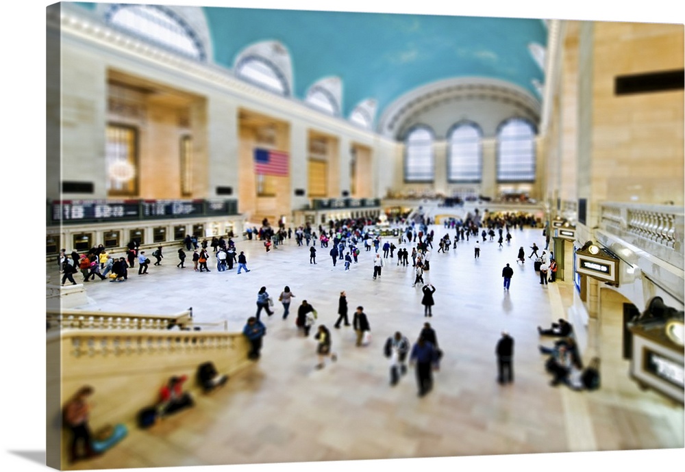 Photo of the interior of Grand Central Station, with a tilt shift effect, creating the illusion of a miniature scene.