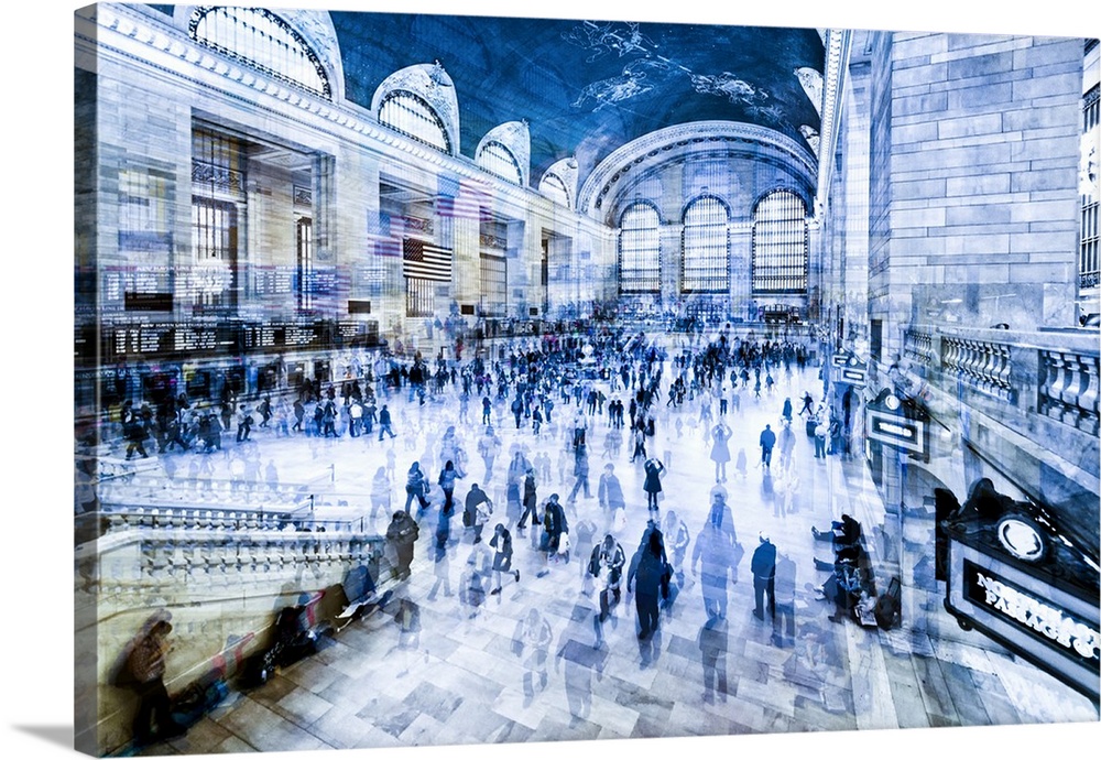 The interior of Grand Central Station with blue tones, with a layered effect creating a feeling of movement.