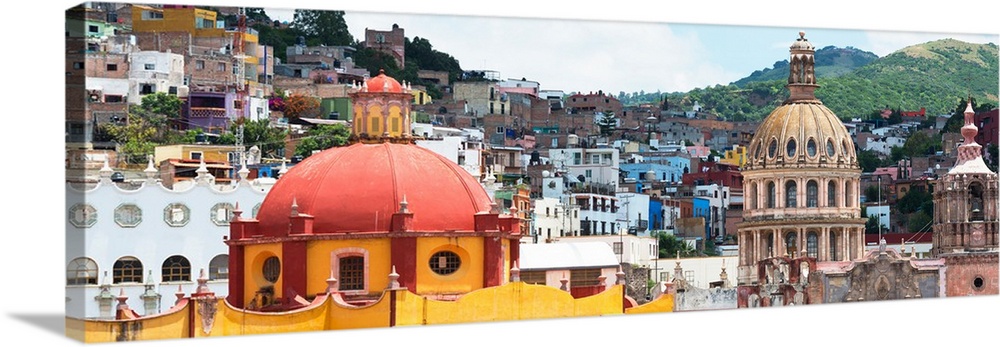 Panoramic photo of colorful church domes and buildings in Guanajuato, Mexico. From the Viva Mexico Panoramic Collection.
