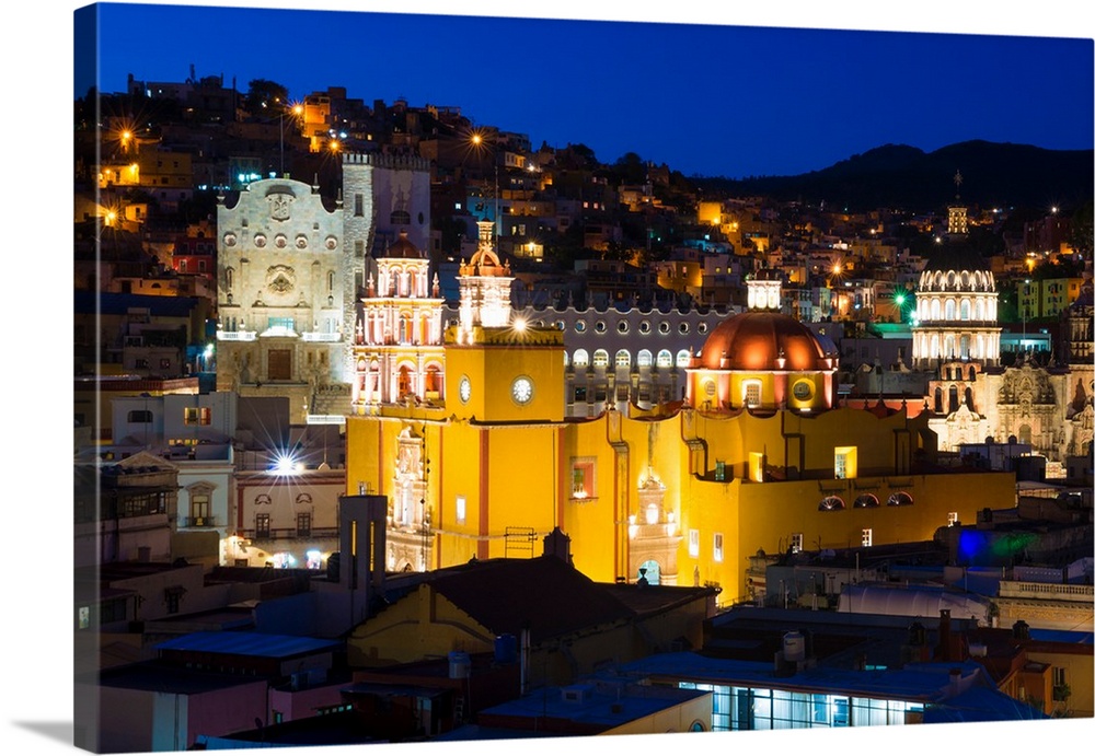Nighttime photograph of the iconic Yellow Church, Church of San Diego, in Guanajuato, Mexico. From the Viva Mexico Collect...