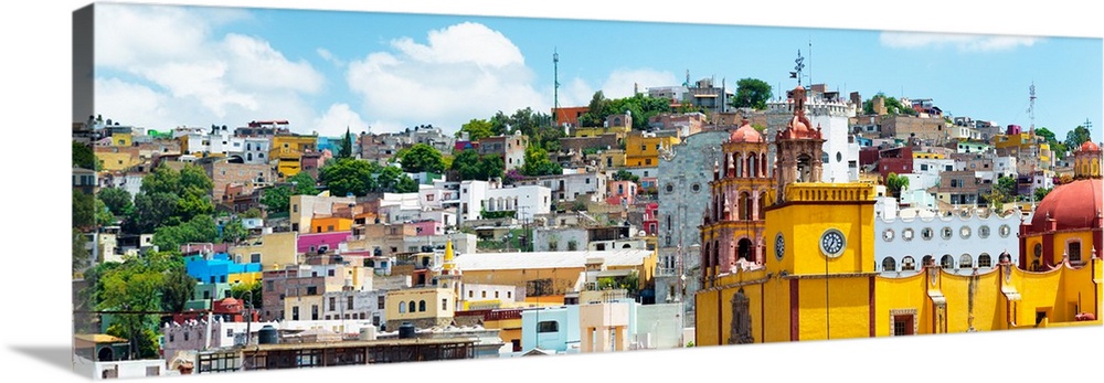 Colorful panoramic photograph of a cityscape in Guanajuato, Mexico. From the Viva Mexico Panoramic Collection.