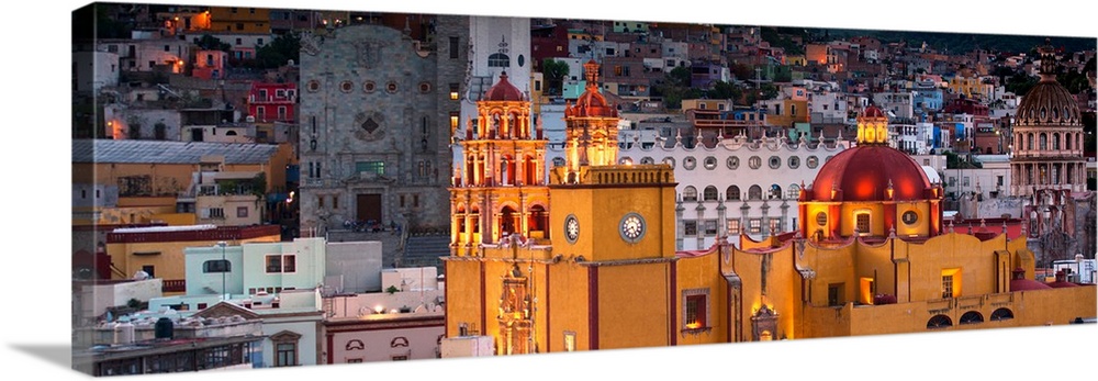 Panoramic photograph of the iconic Yellow Church at night in Guanajuato, Mexico. From the Viva Mexico Panoramic Collection.