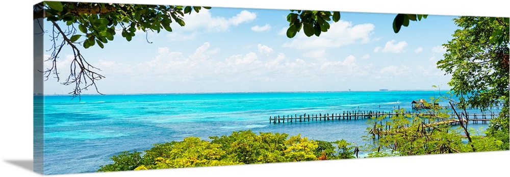 Panoramic photograph of a view of the Caribbean ocean from Isla Mujeres, Mexico. From the Viva Mexico Panoramic Collection.