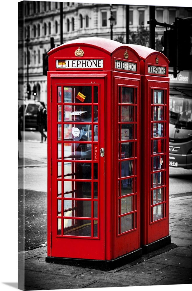 Fine art photo of a red Telephone Booth in London, England, with selective coloring.