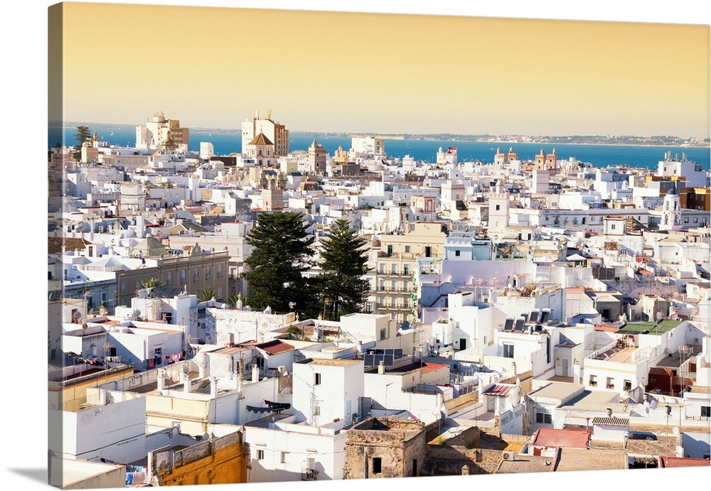 It's a view of the beautiful city of Cadiz in Spain at sunset.