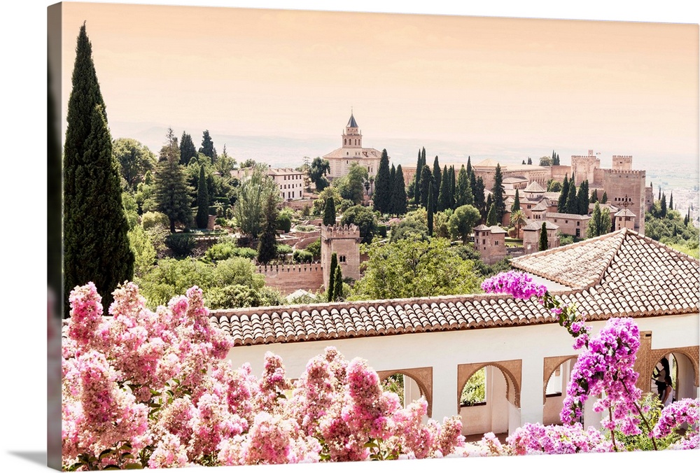 It's a beautiful view of the garden of the Alhambra in Granada, Spain.