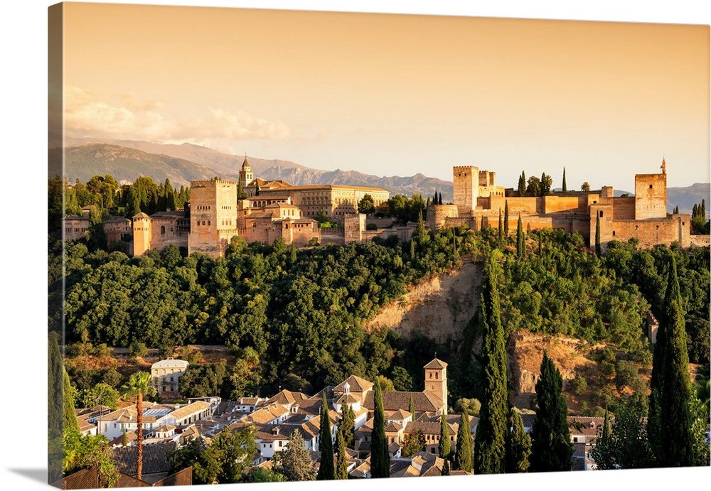 It's a magnificent view of the Alhambra at sunset in Granada, Spain.
