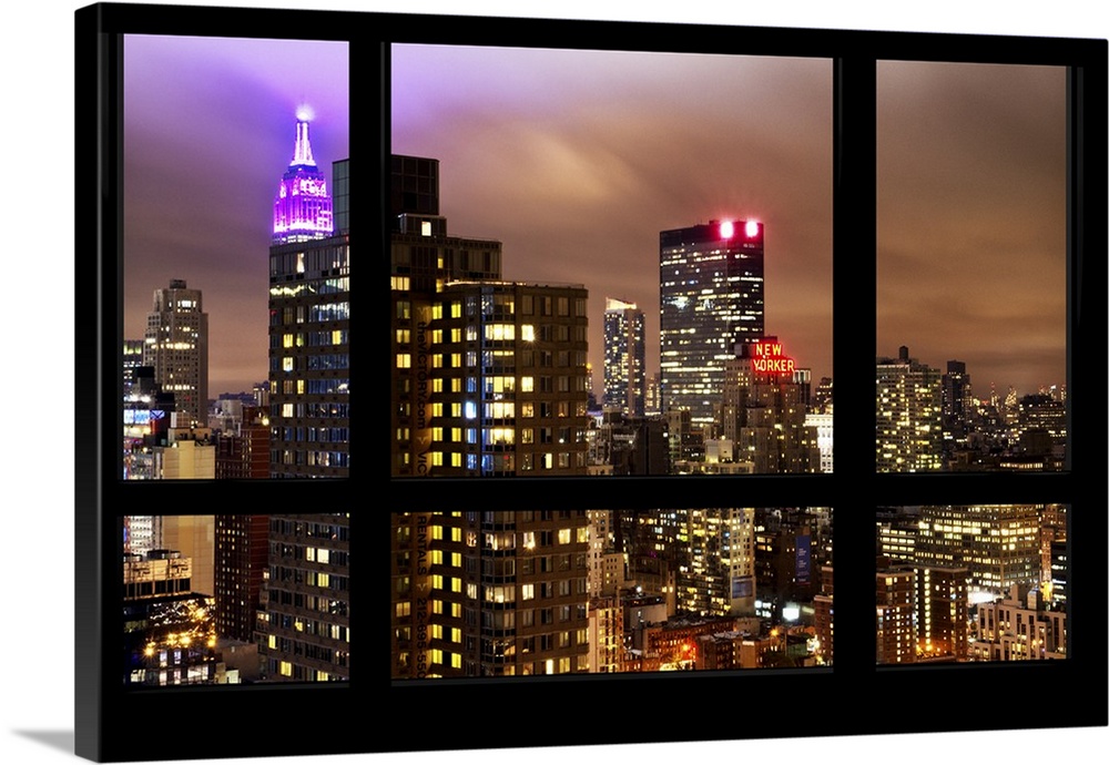 The Manhattan skyline, full of lights in the evening, with a faux window pane effect.